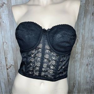 Vintage Black Lace Strapless Corset Bra Size 36B Pin-Up Style Made in Hong Kong